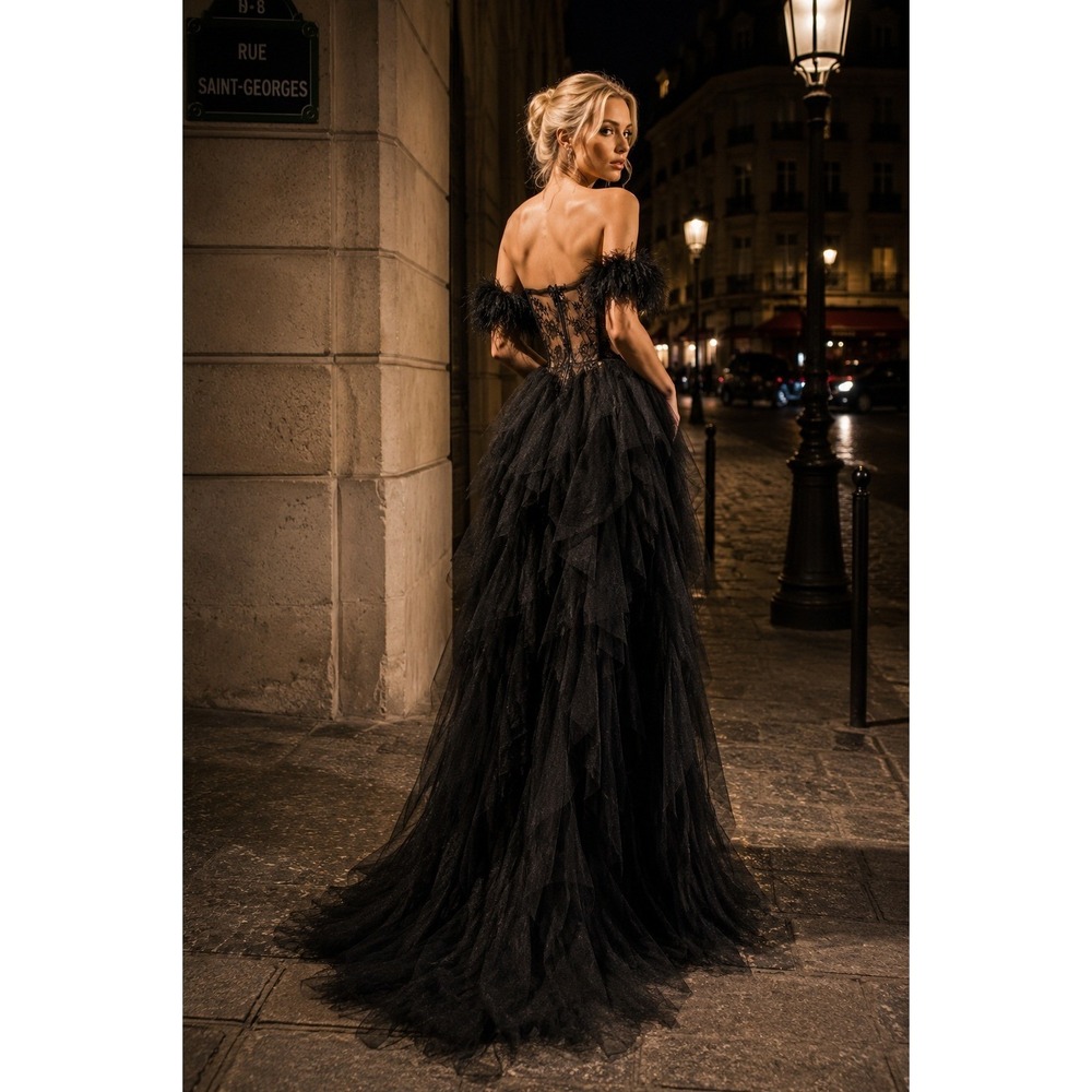 Off-Shoulder Black Lace & Tulle Prom Dress - Picture 5 of 16
